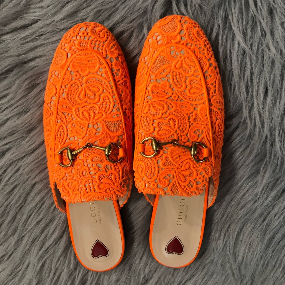 Gucci Orange Lace Horsebit Mules - Picture 2 of 8